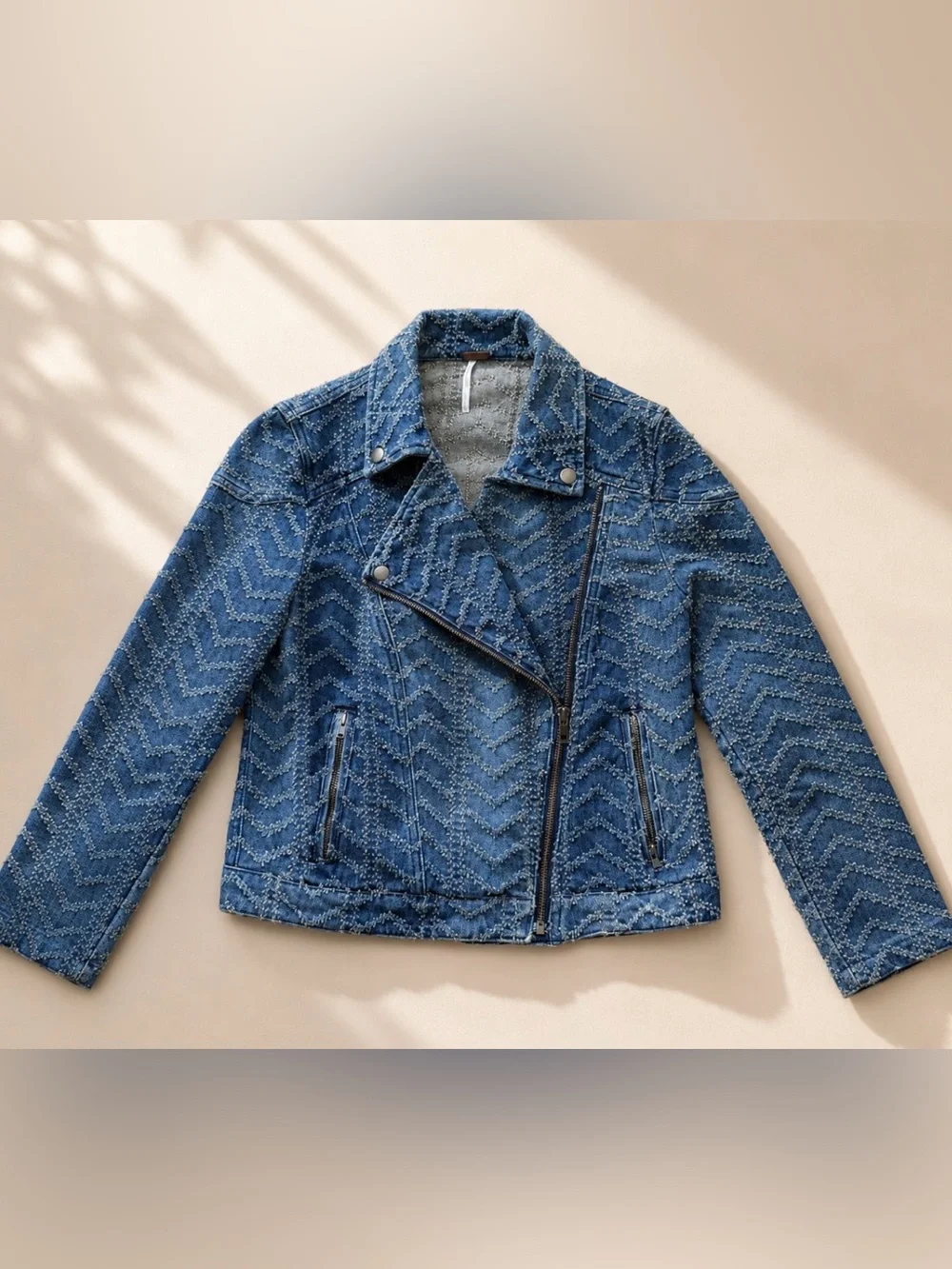 Free People Chevron Textured Denim Moto Jacket XS Rare Vintage